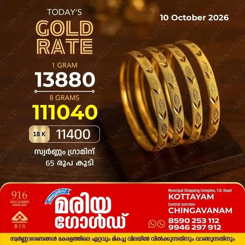 സംസ്ഥാനത്ത് സ്വർണ്ണവിലയിൽ വർദ്ധനവ് ; സ്വർണ്ണത്തിന് ഇന്ന്(10/10/26) കൂടിയത് 65 രൂപ : കോട്ടയം അരുൺസ് മരിയ ഗോൾഡിലെ സ്വർണ്ണവില അറിയാം 