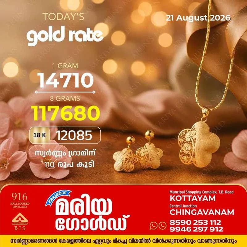 കത്തിക്കയറി സ്വർണവില; ഇന്ന് ഗ്രാമിന് കൂടിയത് 110 രൂപ; അറിയാം കോട്ടയം അരുൺസ് മരിയ ഗോൾഡിലെ ഇന്നത്തെ സ്വർണവില 