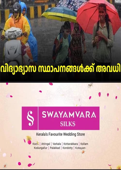   സംസ്ഥാനത്ത് ശക്തമായ മഴ;കോട്ടയം ഉൾപ്പെടെ 6 ജില്ലകളിൽ വിദ്യാഭ്യാസ സ്ഥാപനങ്ങൾക്ക്  അവധി പ്രഖ്യാപിച്ചു;6 ജില്ലകളിൽ അടുത്ത 3 മണിക്കൂറിൽ റെ‍‍ഡ് അലർട്ട്