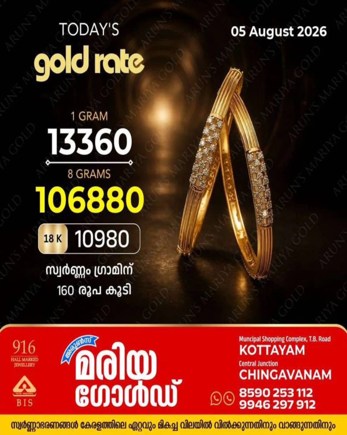 സംസ്ഥാനത്ത് ഇന്ന് (05/08/2026) സ്വർണവില ഗ്രാമിന് 160 രൂപ കൂടി; അറിയാം കോട്ടയം അരുൺസ് മരിയ ഗോൾഡിലെ ഇന്നത്തെ സ്വർണ്ണവില