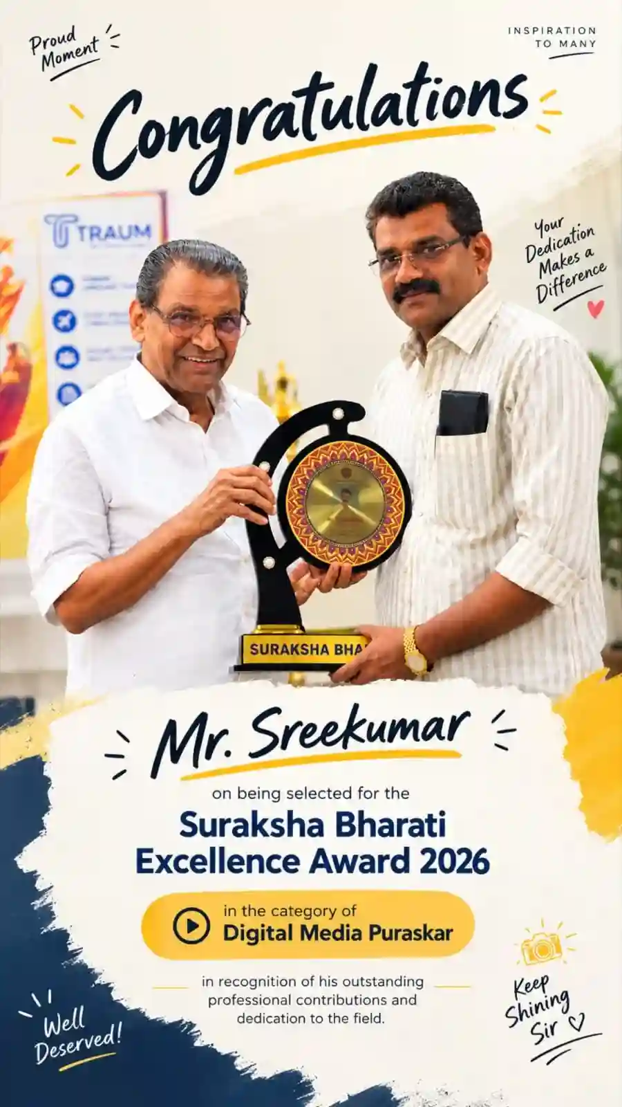 സിഐഎസ് എം എഡ്യുക്കേഷൻ ആൻഡ് ചാരിറ്റബിൾ ട്രസ്റ്റ് നൽകുന്ന സുരക്ഷാ ഭാരതി പുരസ്കാരം തേർഡ് ഐ ന്യൂസ് ചീഫ് എഡിറ്റർ ഏ.കെ.ശ്രീകുമാറിന്: കോട്ടയത്ത് നടന്ന ചടങ്ങിൽ കേരള നിയമസഭാ സ്പീക്കർ തിരുവഞ്ചൂർ രാധാകൃഷ്ണൻ അവാർഡ് സമ്മാനിച്ചു.