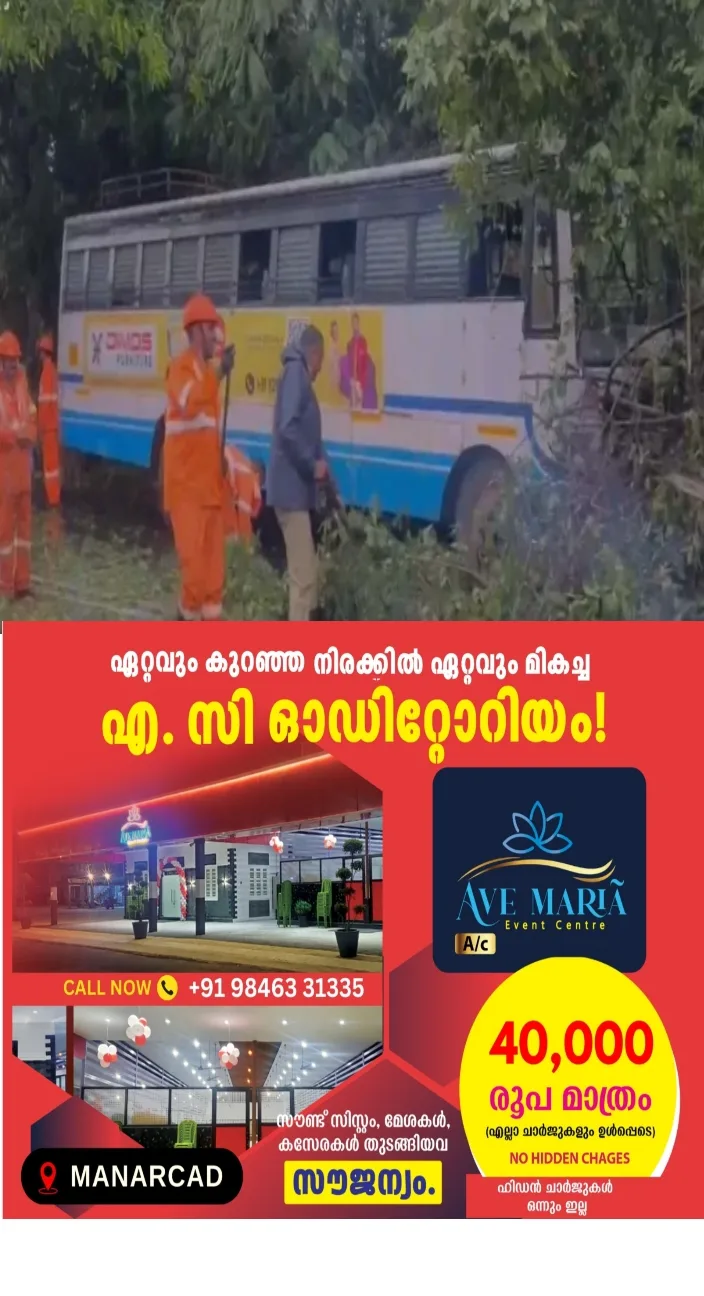 ഓടികൊണ്ടിരുന്ന കെ. എസ്. ആർ. ടി. സി ബസിന് മുന്നിലേക്ക് മരം കടപുഴകി വീണു;യാത്രക്കാർ അത്ഭുതകരമായി രക്ഷപ്പെട്ടു; സംഭവം കൊട്ടാരക്കര സദാനന്ദപുരത്ത്