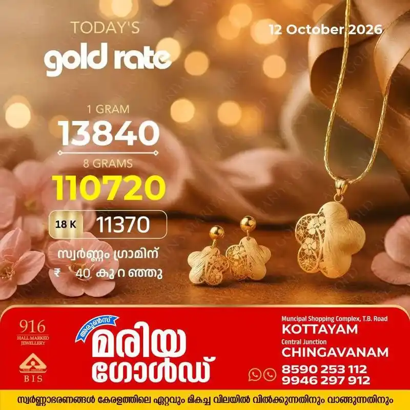 സംസ്ഥാനത്ത് ഇന്ന് (12/10/2026) സ്വർണ്ണവിലയിൽ കുറവ്; ഗ്രാമിന് കുറഞ്ഞത് 40 രൂപ, കോട്ടയം അരുൺസ് മരിയ ഗോൾഡിലെ ഇന്നത്തെ സ്വർണ്ണവില അറിയാം