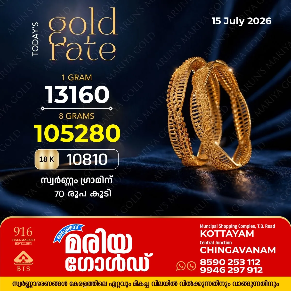 സംസ്ഥാനത്ത് ഇന്ന്(15/07/26) സ്വർണവിലയിൽ വർധന; ഗ്രാമിന് 70 രൂപ കൂടി, അറിയാം കോട്ടയം അരുൺസ് മരിയ ഗോൾഡിലെ സ്വർണവില