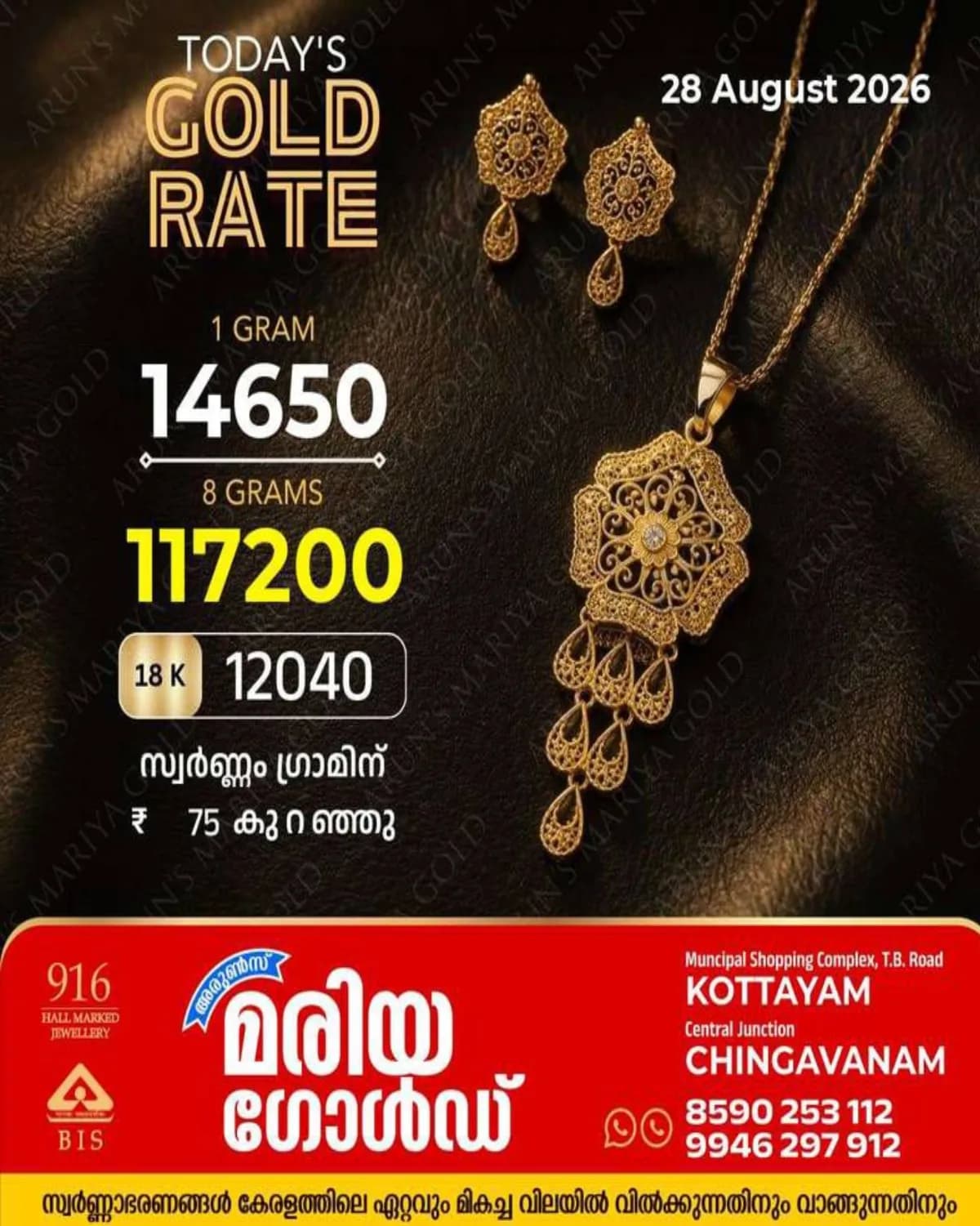 സംസ്ഥാനത്ത് ഇന്ന്(28/08/26) സ്വർണവിലയിൽ ഇടിവ്; ഗ്രാമിന് 75 രൂപ കുറഞ്ഞു, അറിയാം കോട്ടയം അരുൺസ് മരിയ ഗോൾഡിലെ സ്വർണവില